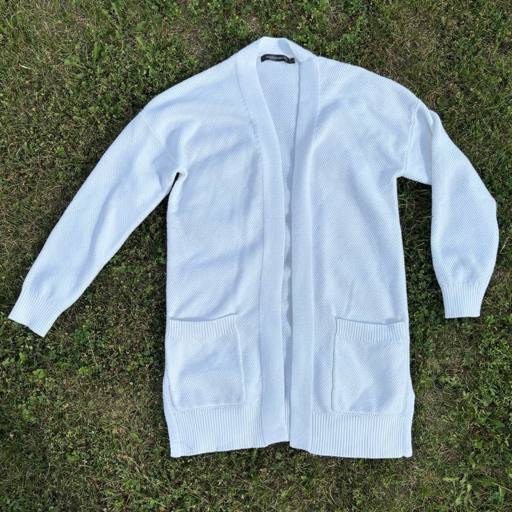 Merokeety Open Front Textured Knit Cardigan Sweater Womens Lg White L/S Pockets